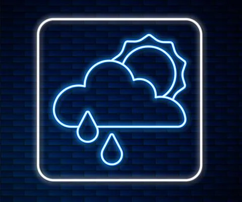 Glowing neon line Cloud with rain and sun icon isolated on brick wall background 库存插图