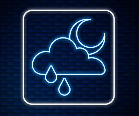 Glowing neon line Cloud with rain and moon icon isolated on brick wall Ilustração Stock
