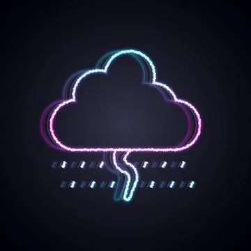 Glowing neon line Cloud with rain and lightning icon isolated on black backgr Stock Illustration