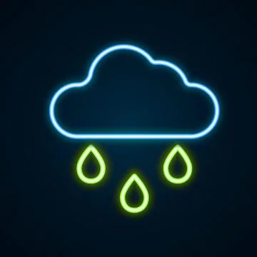 Glowing neon line Cloud with rain icon isolated on black background. Rain cloud Stock Illustration