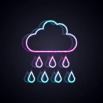 Glowing neon line Cloud with rain icon isolated on black background. Rain cloud Illustrazione stock