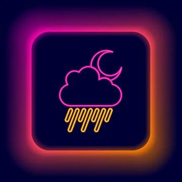 Glowing neon line Cloud with rain and moon icon isolated on black backgroun.. Ilustração Stock