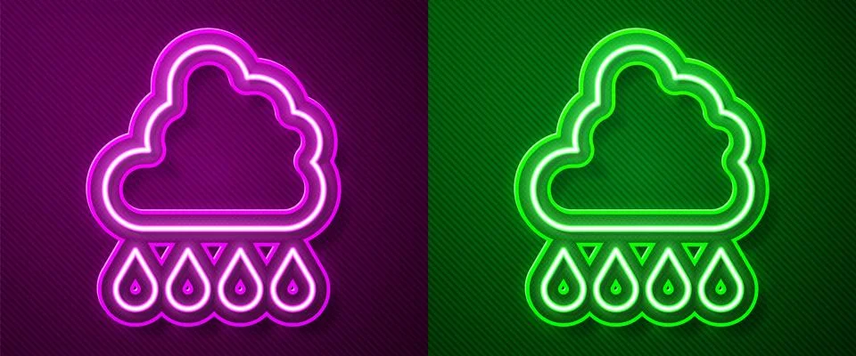 Glowing neon line Cloud with rain icon isolated on purple and green backgro.. Stock Illustration