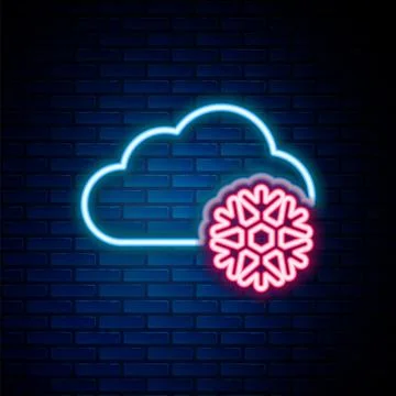 Glowing neon line Cloud with snow icon isolated on brick wall background. C.. Stock Illustration