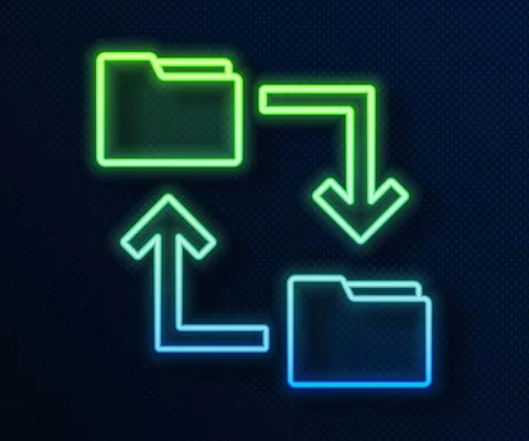 Glowing neon line Cloud storage text document folder icon isolated on blue Stock Illustration