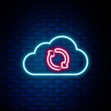 Glowing neon line Cloud sync refresh icon isolated on brick wall background Stock Illustration