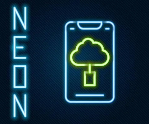 Glowing neon line Cloud technology data transfer and storage icon isolated on Illustrazione stock