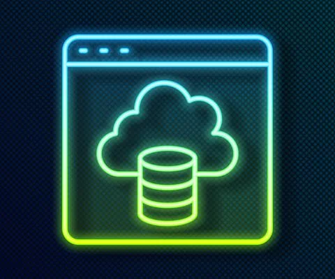 Glowing neon line Cloud technology data transfer and storage icon isolated on Stock Illustration