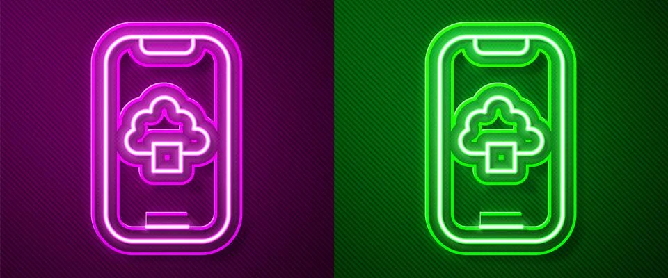 Glowing neon line Cloud technology data transfer and storage icon isolated on Illustrazione stock