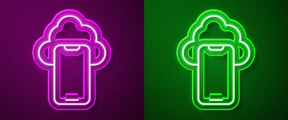 Glowing neon line Cloud technology data transfer and storage icon isolated on Stock Illustration