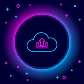 Glowing neon line Cloud upload icon isolated on black background. Colorful Stock Illustration