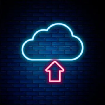 Glowing neon line Cloud upload icon isolated on brick wall background. Colorful Illustrazione stock