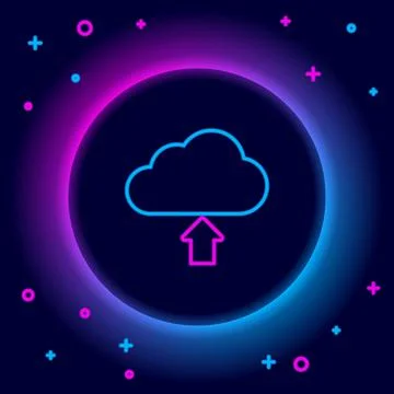 Glowing neon line Cloud upload icon isolated on black background. Colorful Stock Illustration