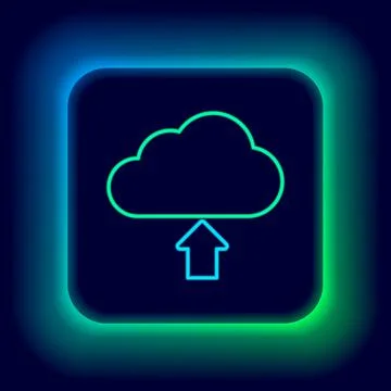 Glowing neon line Cloud upload icon isolated on black background. Colorful Stock Illustration