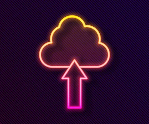 Glowing neon line Cloud upload icon isolated on black background. Vector 스톡 일러스트