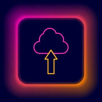 Glowing neon line Cloud upload icon isolated on black background. Colorful 스톡 일러스트
