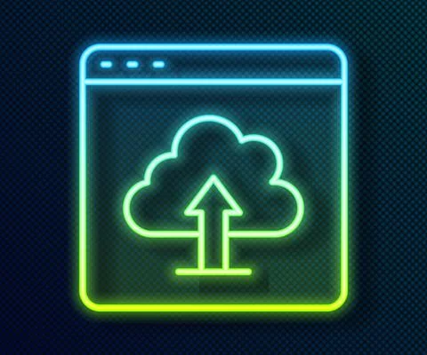 Glowing neon line Cloud upload icon isolated on black background. Vector 스톡 일러스트
