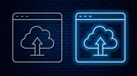 Glowing neon line Cloud upload icon isolated on brick wall background.  Vecto 스톡 일러스트