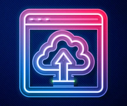 Glowing neon line Cloud upload icon isolated on blue background.  Vector Stock Illustration