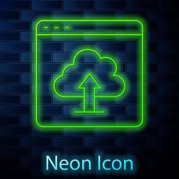 Glowing neon line Cloud upload icon isolated on brick wall background.  Vecto Illustrazione stock