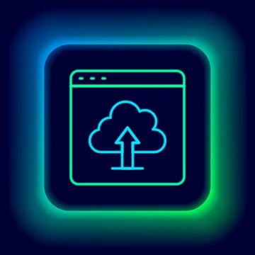 Glowing neon line Cloud upload icon isolated on black background. Colorful Stock Illustration