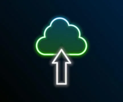 Glowing neon line Cloud upload icon isolated on black background. Colorful ou 스톡 일러스트