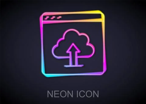 Glowing neon line Cloud upload icon isolated on black background.  Vector Stock Illustration
