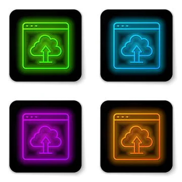 Glowing neon line Cloud upload icon isolated on white background. Black squ.. 스톡 일러스트