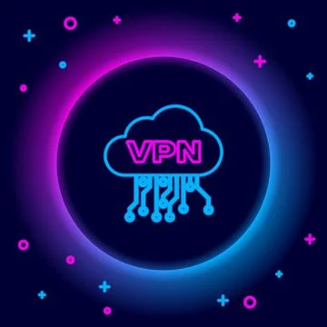 Glowing neon line Cloud VPN interface icon isolated on black background Illustrazione stock