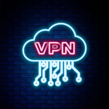 Glowing neon line Cloud VPN interface icon isolated on brick wall background Stock Illustration