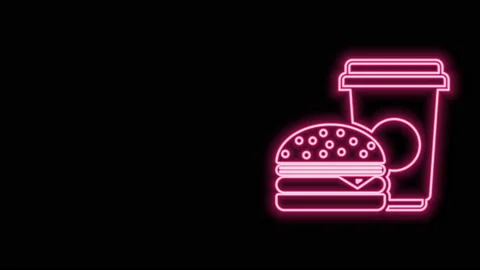 Glowing neon line Coffee and burger icon isolated on black background. Fast food 스톡 동영상 140886053