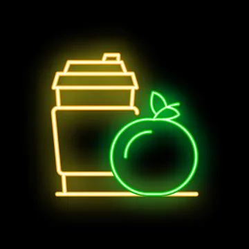 Glowing neon line coffee cup and apple icon isolated on black background. Bre Stock Illustration