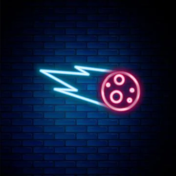 Glowing neon line Comet falling down fast icon isolated on brick wall background Stock Illustration