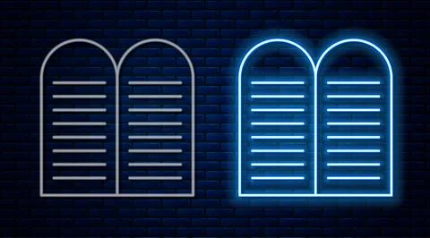 Glowing neon line The commandments icon isolated on brick wall background. Gods Illustrazione stock