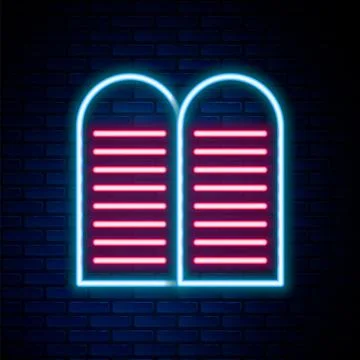 Glowing neon line The commandments icon isolated on brick wall background. Go Illustrazione stock