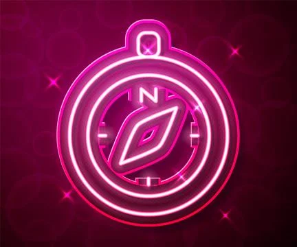 Glowing neon line Compass icon isolated on red background. Windrose navigation Stock Illustration