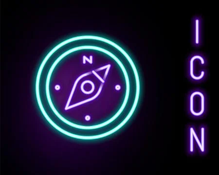 Glowing neon line Compass icon isolated on black background. Windrose navig.. Stock Illustration