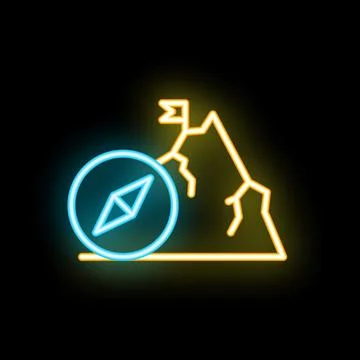Glowing neon line compass with mountain icon isolated on black background. .. イラスト素材