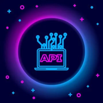 Glowing neon line Computer api interface icon isolated on black background Stock Illustration