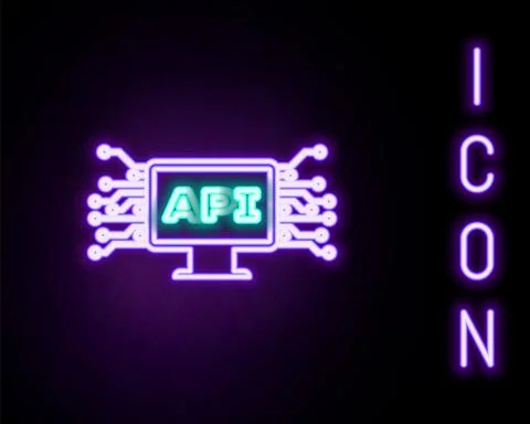 Glowing neon line Computer api interface icon isolated on black background 스톡 일러스트