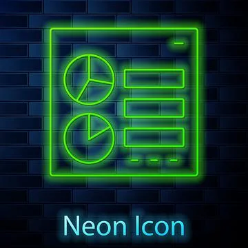 Glowing neon line Computer api interface icon isolated on brick wall background Stock Illustration