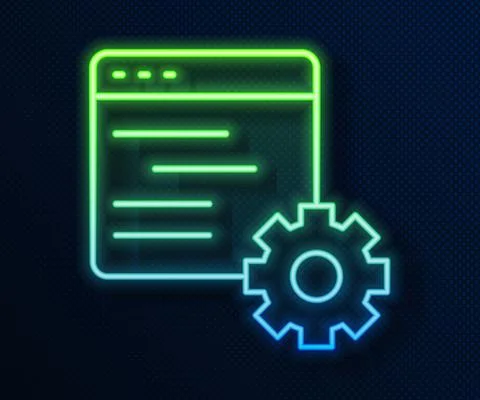 Glowing neon line Computer api interface icon isolated on blue background Illustrazione stock