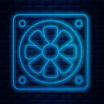 Glowing neon line Computer cooler icon isolated on brick wall background. PC Illustrazione stock