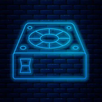 Glowing neon line Computer cooler icon isolated on brick wall background. PC 스톡 일러스트
