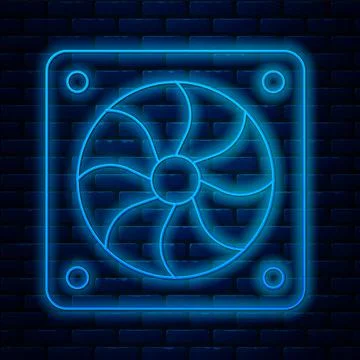 Glowing neon line Computer cooler icon isolated on brick wall background. PC 스톡 일러스트