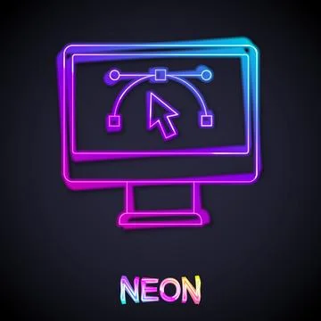 Glowing neon line Computer display with vector design program icon isolated.. Stock Illustration