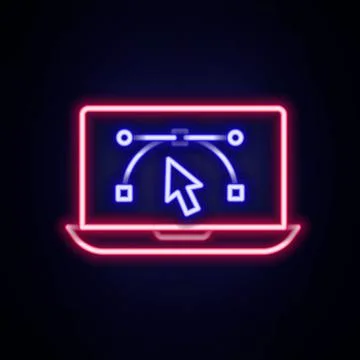 Glowing neon line Computer display with vector design program icon isolated o Illustrazione stock