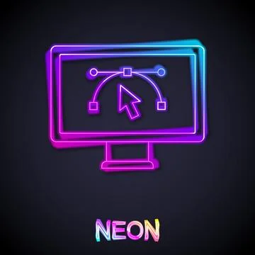 Glowing neon line Computer display with vector design program icon isolated.. Stock Illustration