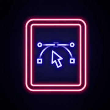Glowing neon line Computer display with vector design program icon isolated o Stock Illustration