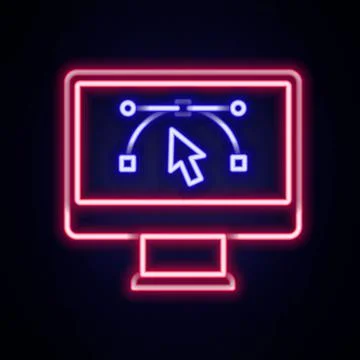 Glowing neon line Computer display with vector design program icon isolated.. Stock Illustration